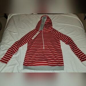 Red And White Womens Zip Up Striped Hoodie L
